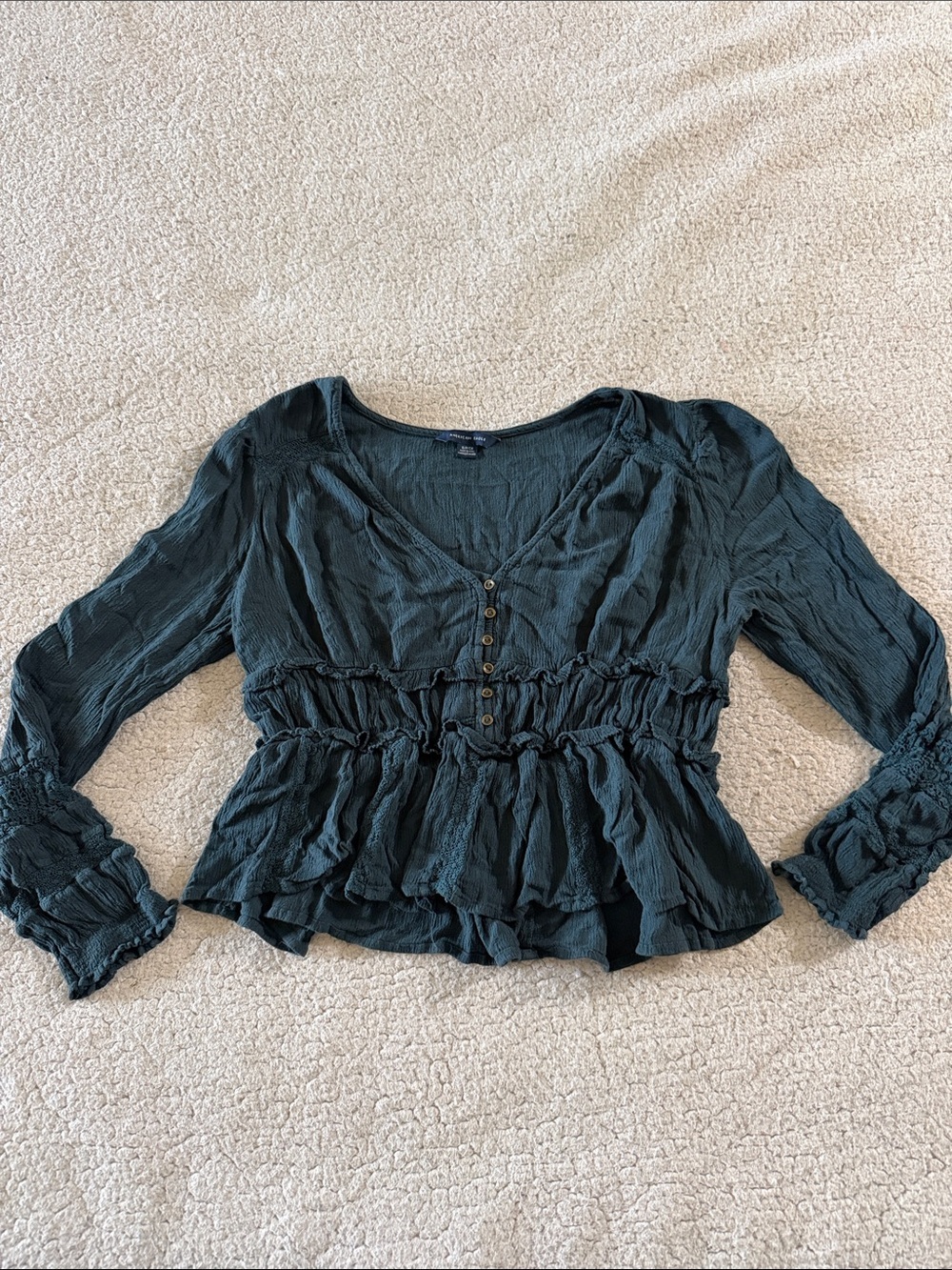 American Eagle Outfitters Dark Teal Smocked V-Neck Peplum Blouse Small